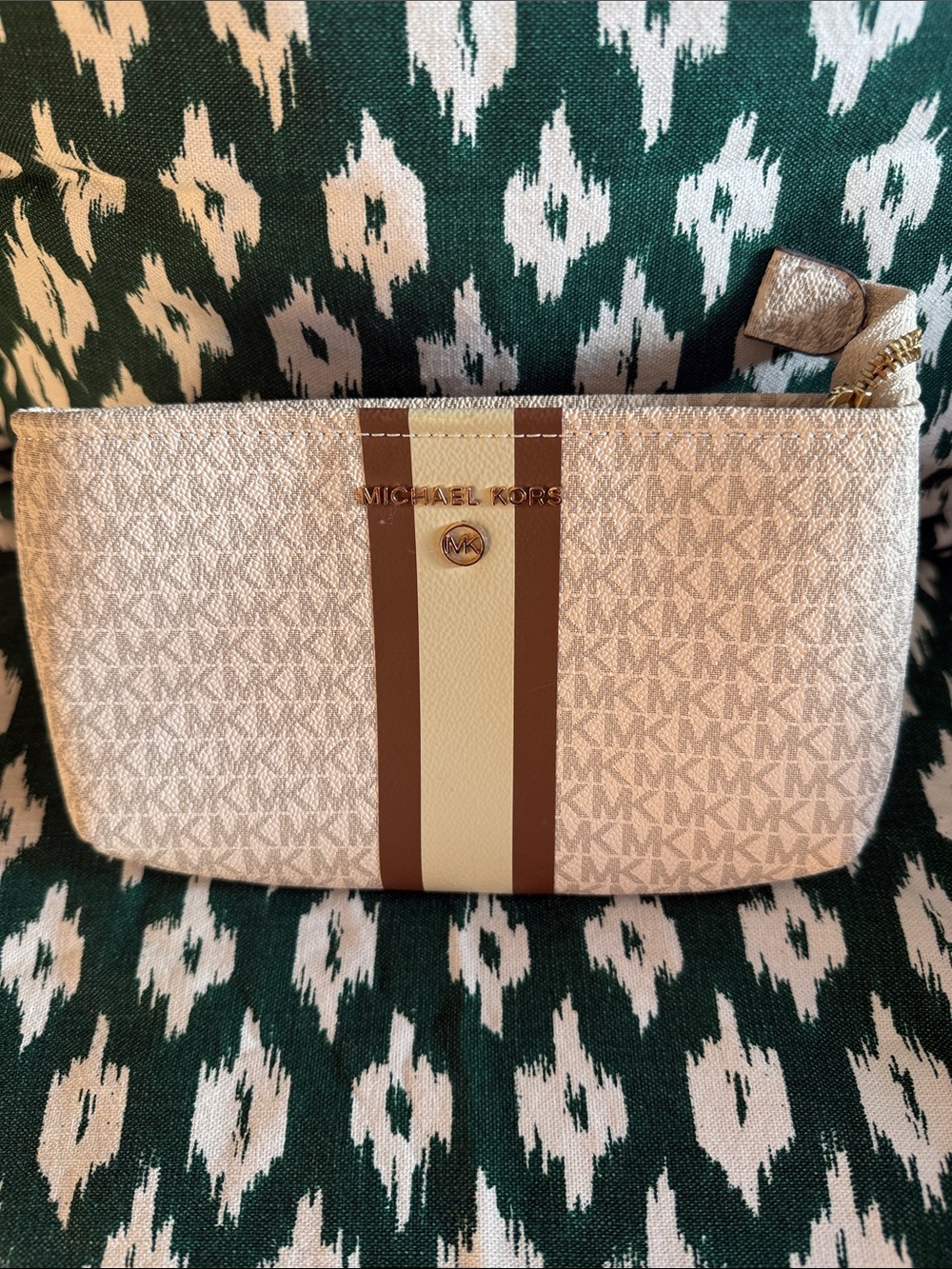 Michael Kors Beige and Brown Stripe Signature Wristlet